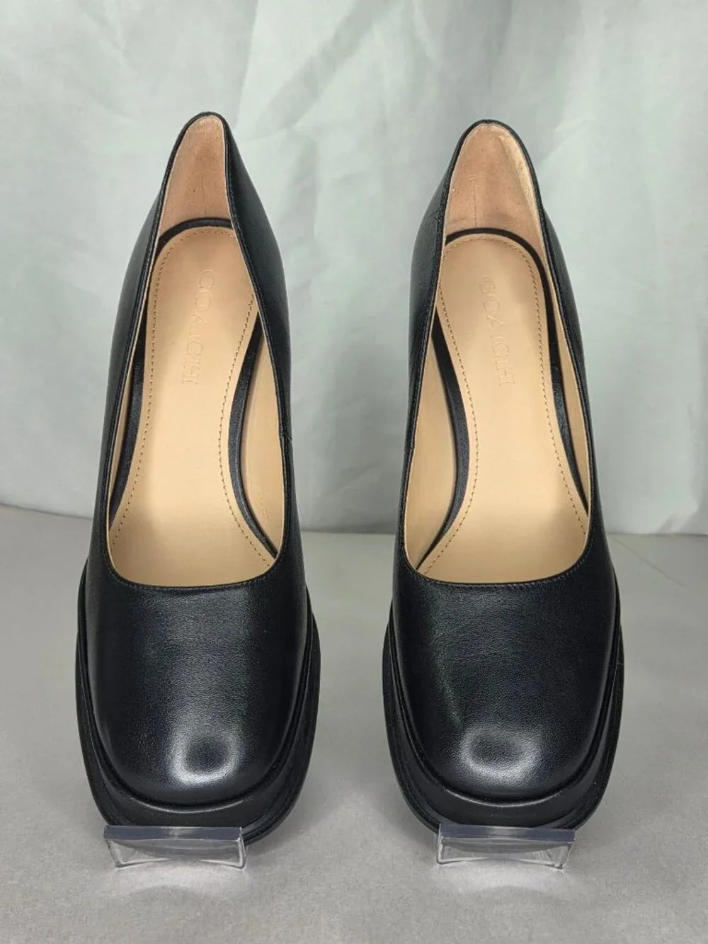 COACH Sculpted Block Heel Black Leather Pumps, Size: 8 B